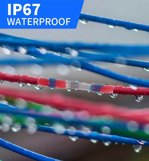 Close-up of IP67 rated waterproof connectors in blue, red, and green wires, showcasing drops of water for 1118 Piece Waterproof Solder Seal Wire Connectors Kit Heavy Duty Heat Shrink Butt Connectors Assorted AWG Terminals For Marine Automotive Wiring Easy Install With Great Bang For Buck.