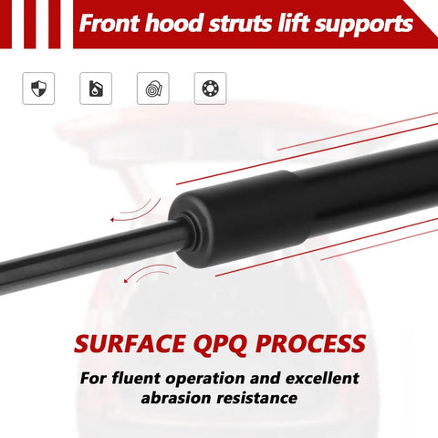 Close-up of Heavy Duty Front Hood Gas Struts Built Tough As Nails For Toyota Camry 2018 To 2023 showing QPQ surface process for durability.