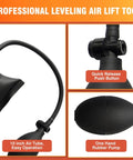 Close-up of Heavy Duty Air Wedge Shim Kit With Three Sizes, featuring quick release push button, 10 inch air tube, and rubber pump.