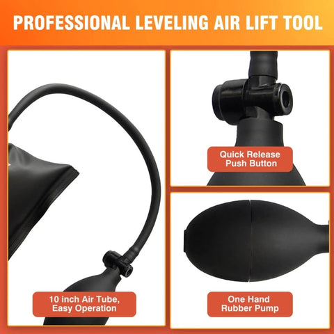 Close-up of Heavy Duty Air Wedge Shim Kit With Three Sizes, featuring quick release push button, 10 inch air tube, and rubber pump.