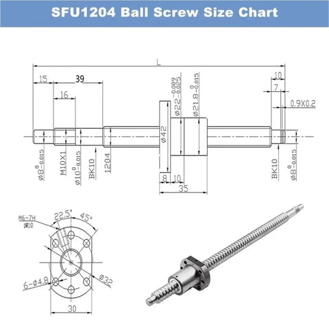 SFU1204 Ball Screw Size Chart with dimensions and detailed design, showing high precision components for motion control.