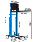 Heavy Duty Portable Electric Pallet Stacker Jack With 51 Inch Lift Height, Solid Industrial design with detailed dimensions for material handling.