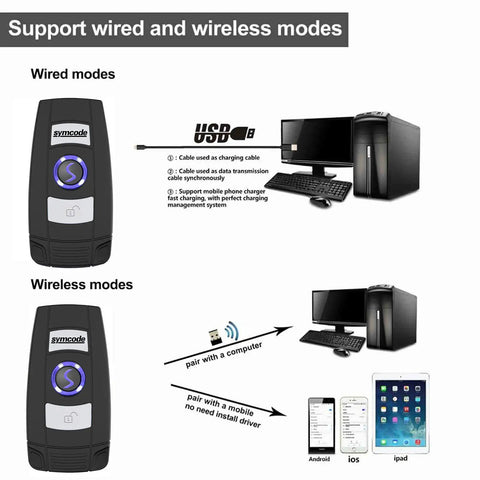 Compact 2D And 1D Grab And Go Portable Handheld Barcode Scanner With Bluetooth 2.4G And USB Wired 3 In 1 Design showing wired and wireless modes.