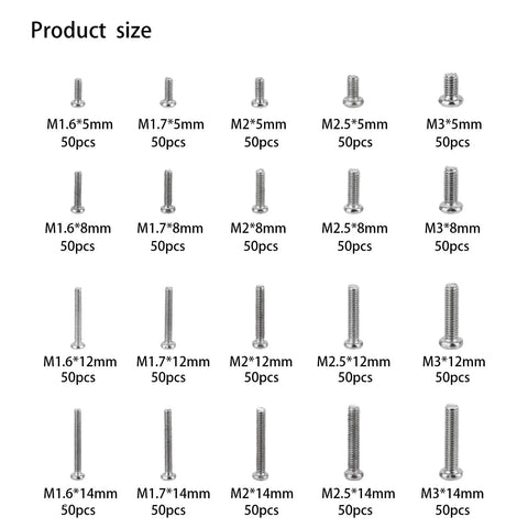 Rock Solid 1000 Piece Mini Screw Assortment Kit M1.6 To M3 Heavy Duty Carbon Steel Fasteners various sizes displayed.