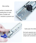 Heavy Duty Soft Close Drawer Slides With Secure Lock Ball Bearing Telescoping Runners For Cabinets And Toolboxes showing blue sealing and easy open mechanism.