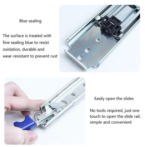 Heavy Duty Soft Close Drawer Slides With Secure Lock Ball Bearing Telescoping Runners For Cabinets And Toolboxes showing blue sealing and easy open mechanism.