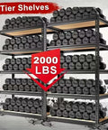 Heavy Duty Metal Storage Rack 60 Inch Iron Frame Shelves With Rock Solid 2000 Lb Per Shelf Capacity 2 Pack filled with dumbbells.
