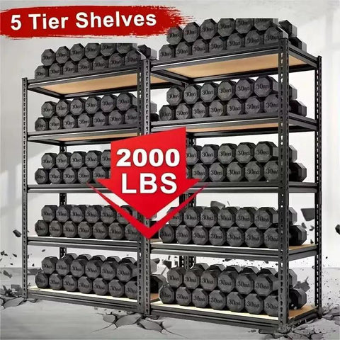 Tough As Nails Heavy Duty Metal Storage Rack With 2000 Lb Capacity Per Shelf, 72 Inch Wide, 5 tier shelving filled with weights.