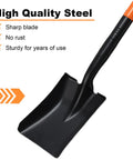 Durable Square Shovel With Metal Handle For Digging In Yard Or Camp 43.3 Inch Length Orange Garden Tool Designed For Gardening Farming And Camping Tasks Heavy Duty Versatile And Easy To Use shown with sharp metal blade and features