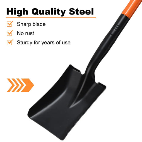 Durable Square Shovel With Metal Handle For Digging In Yard Or Camp 43.3 Inch Length Orange Garden Tool Designed For Gardening Farming And Camping Tasks Heavy Duty Versatile And Easy To Use shown with sharp metal blade and features
