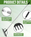 15 Inch Wide Bow Rake With 16 Steel Tines And Stainless Steel Handle showing features like spiral connection and rubber grip.