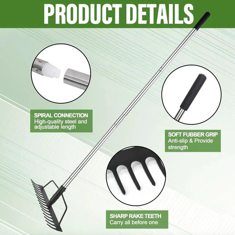 15 Inch Wide Bow Rake With 16 Steel Tines And Stainless Steel Handle showing features like spiral connection and rubber grip.