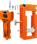 Hinge Jig For Doors With Precise Alignment And Adjustable Measurements set with orange ABS frame and router bits.