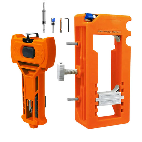 Hinge Jig For Doors With Precise Alignment And Adjustable Measurements set with orange ABS frame and router bits.