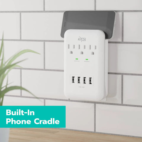 Three-Outlet Wall Mount Surge Protector With 900 Joules, Four USB Ports Delivering 4.8A Total, Built-In Phone Holder Cradle