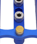 Close-up of Adjustable Dowel Jig Kit Featuring Self Centering Guide for precise drill alignment, showcasing steel liners.