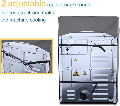 Back view of Heavy Duty Waterproof Washing Machine Cover with Zipper, showing adjustable ropes and protective features.