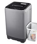 Full Automatic Portable Washer And Spinner Combo Featuring Ten Custom Wash Cycles And Eight Water Levels No Fuss Plug In Design For Tight Apartments And RV Quarters Heavy Duty Load Handling Sweet Space Saver Grey with laundry basket.