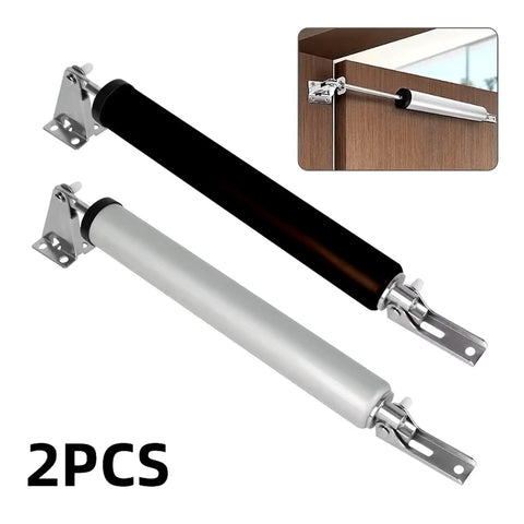 Two Piece Automatic Door Soft Close Kit with 90 Degree Positioning Stop, Adjustable Buffer in silvery and black finish.
