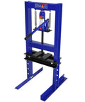 Front view of blue Heavy Duty 6 Ton Hydraulic Shop Press With Adjustable Height Benchtop H-Frame And Press Plates, Pressure Gauge