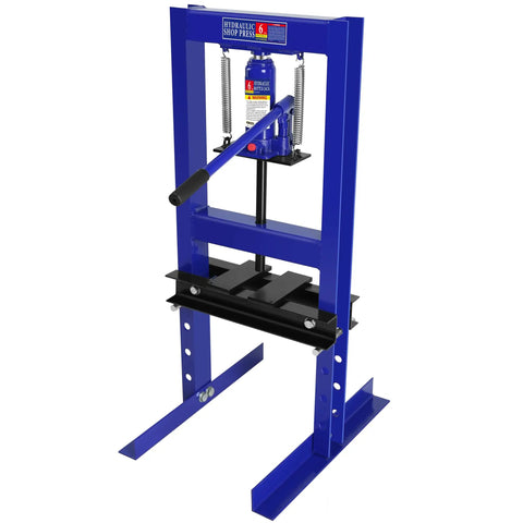 Front view of blue Heavy Duty 6 Ton Hydraulic Shop Press With Adjustable Height Benchtop H-Frame And Press Plates, Pressure Gauge
