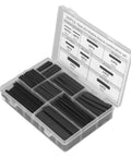 The Ultimate Heat Shrink Tubing Kit With 385 Pieces For Quick Cable Management And Electric Insulation Featuring Flame Retardant Wire Wrap Sets In Various Sizes Inside A Handy Storage Box opened with black tubing sorted by size