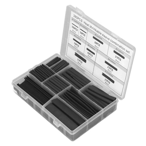 The Ultimate Heat Shrink Tubing Kit With 385 Pieces For Quick Cable Management And Electric Insulation Featuring Flame Retardant Wire Wrap Sets In Various Sizes Inside A Handy Storage Box opened with black tubing sorted by size