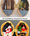 Two walnut shells opened to show miniatures, one with a room scene, the other with holiday figures, using brass hinges for connection.