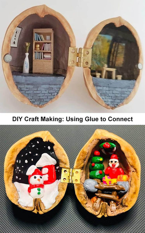 Two walnut shells opened to show miniatures, one with a room scene, the other with holiday figures, using brass hinges for connection.