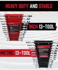 26 Pack Metal Wrench Organizer Set with red and black wall mounted storage trays for inch and metric tools