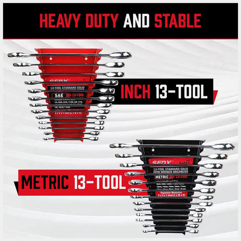 26 Pack Metal Wrench Organizer Set with red and black wall mounted storage trays for inch and metric tools