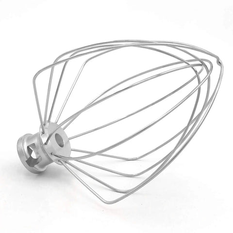 Six Quart Wire Whip Stainless Steel Stand Mixer Accessory Replacement, rustproof burnished finish, angled view on white background