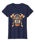 Womens Firefighter Tribute Tee Navy Blue Graphic Shirt Featuring I Fight What You Fear Slogan For First Responder Crew And Straight Up Hero Admirers 3X Large Chill Fit Top with fire helmet and axes design.