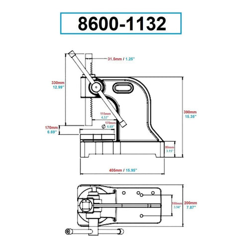 Dimensions diagram of Professional Two Ton Arbor Press Built Freakin Solid With A Heavy Cast Iron Base And Precision Machined Steel Anvil.