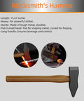 Blacksmith's hammer with wooden handle and metal head, shown striking hot metal, demonstrating leverage and control.