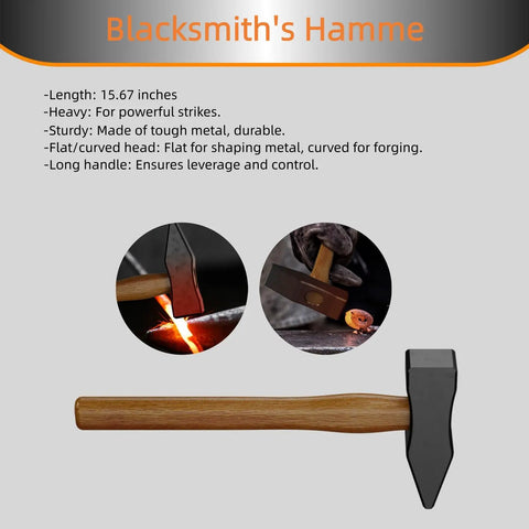 Blacksmith's hammer with wooden handle and metal head, shown striking hot metal, demonstrating leverage and control.