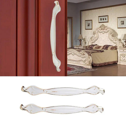 10 Pack Ivory White Cabinet Pulls Three Point Eight Inch Vintage Aluminum Alloy Drawer Handles For Kitchen Cabinets Wardrobe Closet Cupboard Doors Durable Easy Install Cabinet Hardware shown on wooden door and close-up view