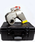 Heavy Duty Hydraulic Torque Wrench With Anti Corrosion Alloy Body And Square Drive Featuring 360 Degree Swivel Arms Push Button Shaft And Rock Solid 700 Bar Performance on a protective case.