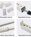 AC Window Security Lock Bar For Sliding Windows showing adjustable screw, reusable Velcro, durable steel, and adjustable buckle.