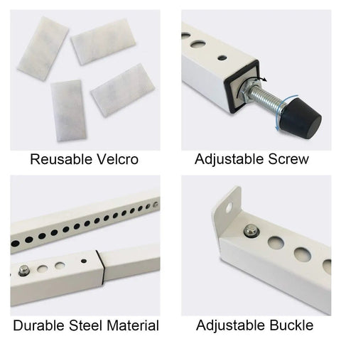 AC Window Security Lock Bar For Sliding Windows showing adjustable screw, reusable Velcro, durable steel, and adjustable buckle.