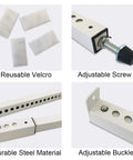 Adjustable Window Security Bar For Sliding Windows And Patio Doors Heavy Duty Sturdy Steel Lock Extends From 15.5 To 29.5 Inches Blocks Break Ins While Still Letting Fresh Air In with velcro pads, adjustable screw, durable steel, buckle close-up.
