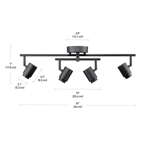 Dimensions of Walton 4-Light Integrated LED Track Lighting System in Matte Black detail view