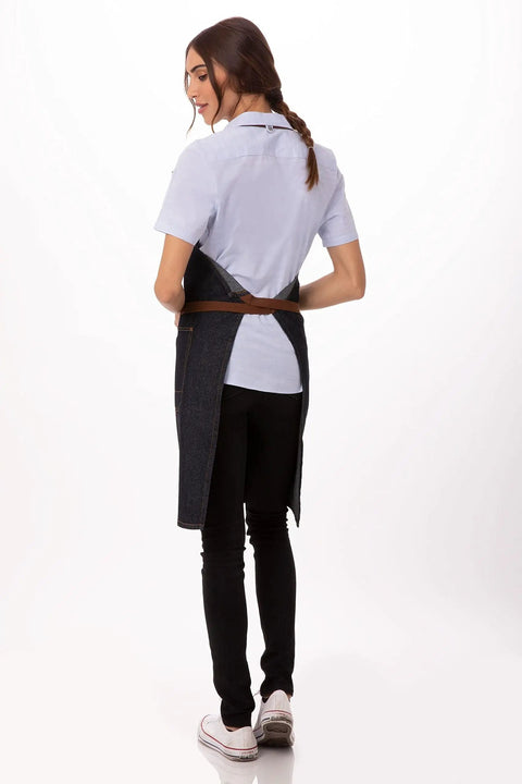 Back view of person wearing Unisex Memphis Bib Apron In Indigo Blue With Adjustable Neck Buckle And Waist Ties Durable Kitchen Apron