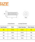 Tough As Nails M4 T20 Torx Screws Flat Head Machine Fasteners specifications chart with dimensions and drive system.