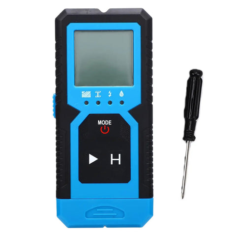 Aumotop MultiMode Stud Finder for Pro and DIY Tasks (4 in 1) in blue with a backlit screen and button controls next to a small screwdriver.