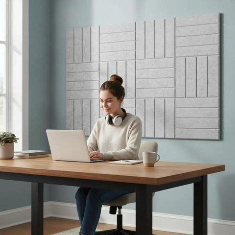 Premium Slick Self Adhesive Foam Panels 12 Pack Acoustic Wall Tiles For Soundproofing Home Theater Recording Studio Office Decor With No Fuss Peel And Stick Setup in a modern workspace.