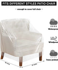 Chair covered with clear plastic, showing fit for 4 Pack Outdoor Clear Plastic Chair Covers Waterproof Dust Proof Fits Chairs Sofas Couches and Recliners 37 x 30 x 30 Inches Protection for Furniture Moving and Storage