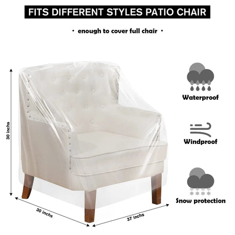 Chair covered with clear plastic, showing fit for 4 Pack Outdoor Clear Plastic Chair Covers Waterproof Dust Proof Fits Chairs Sofas Couches and Recliners 37 x 30 x 30 Inches Protection for Furniture Moving and Storage