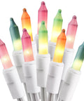 Close-up of colorful bulbs on Easter String Lights 33Ft 150 Count Pastel Incandescent Mini Fairy Lights UL Certified 120V.