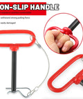 Half Inch By Four Inch Trailer Hitch Pin With Red Rubber Handle And Safety Clip Anti Loss Rope, non-slip grip shown
